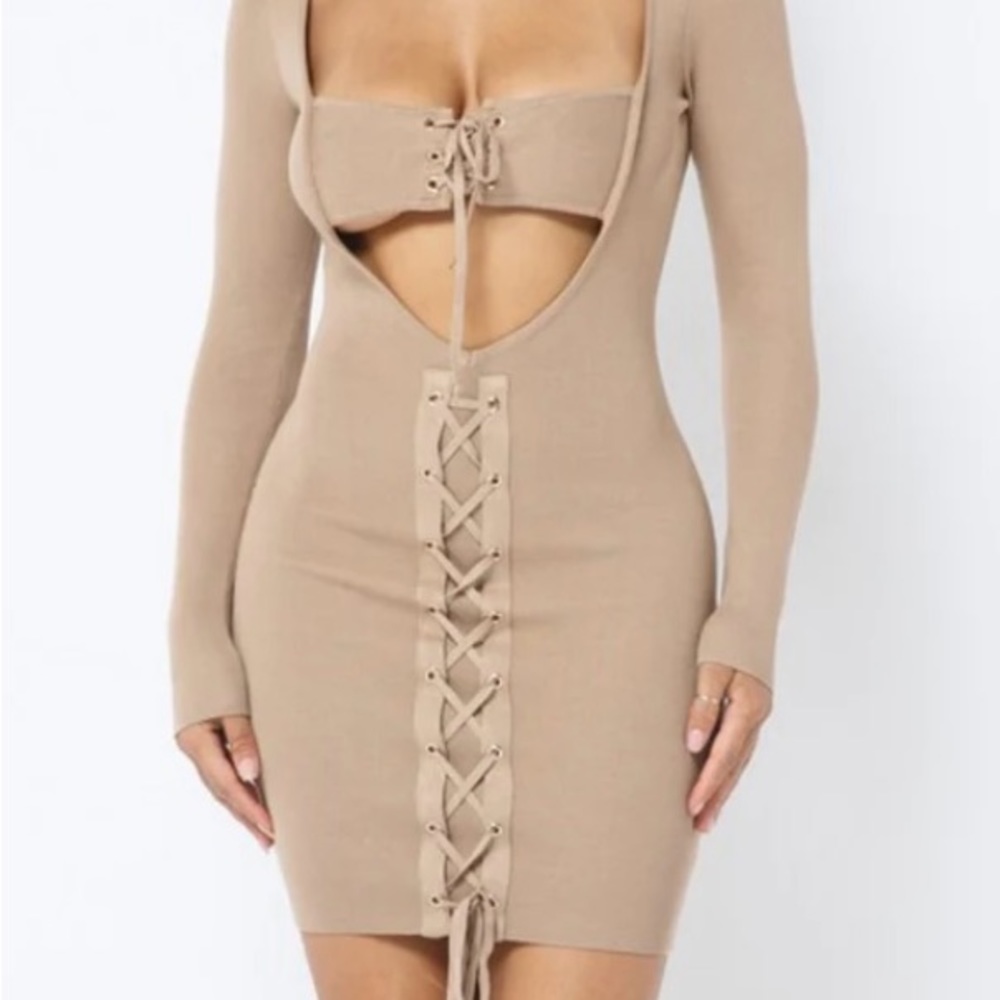 Milk Coffee Knit Cut-Out Bustier Top Lace Down Detail Mini Dress
